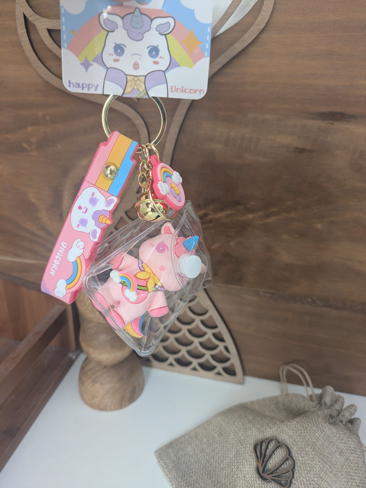 Porte-clés licorne rose pochette